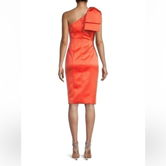 LAVISH Alice Bow-Shoulder Satin Midi-Dress In Coral Red - Picture 3 of 7